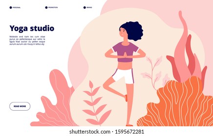 Yoga landing page. Meditation woman banner, outdoors exercise on nature. Workout studio, healthy modern lifestyle. Vector website template