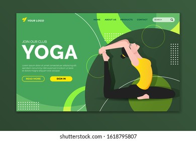 Yoga landing page template. Woman doing one-legged king pigeon pose. Web page design for website and mobile website