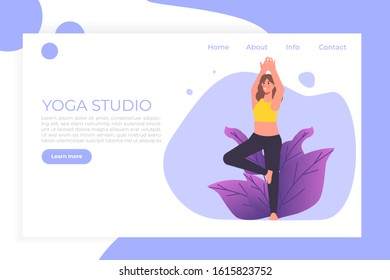 Yoga landing page web template. Woman does yoga exercise. Vector illustration.