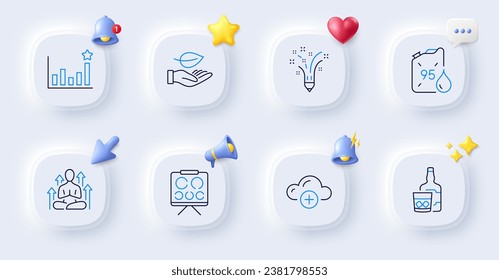 Yoga, Leaf and Efficacy line icons. Buttons with 3d bell, chat speech, cursor. Pack of Vision board, Inspiration, Whiskey glass icon. Petrol canister, Cloud computing pictogram. Vector