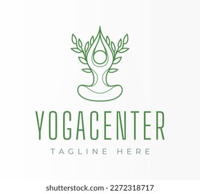 Plantilla de diseño de logotipo de hoja de yoga. Vector de línea de icono de hoja de naturaleza