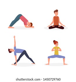 Yoga lesson flat vector illustration set. People doing yoga asanas men and woman exercising, stretching cartoon characters. Gymnastics, sports training, meditation isolated on white background