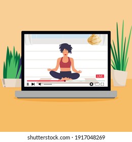 Yoga lesson online, live stream meditation. Vector yoga sport fitness, workout pose, illustration training internet, exercise to health
