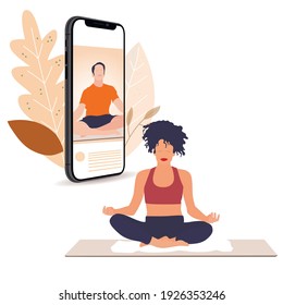 Yoga lesson online, stream live on smartphone. Vector live streaming on smartphone, video fitness and meditation, man teach lesson for slim girl, balance meditating blogger illustration