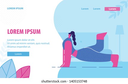 Yoga Lessons Flat Landing Page Vector Template. Girl in Sportswear Training Cartoon Character. Woman Doing Indoor Fitness Exercise, Healthy Lifestyle. Home Pilates Website Concept with Text Space