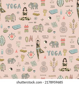 Yoga lessons objects seamless vector pattern