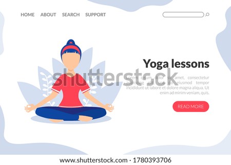 Yoga Lessons Web Landing Page Template, Young Woman Meditating in Lotus Position, Yoga School Studio, Online Class Flat Vector Illustration