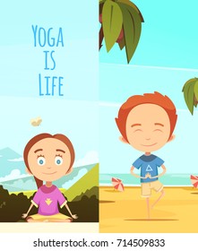Yoga is life two vertical banners with cute kids doing yoga exercises on southern beach and mountains background flat vector illustration
