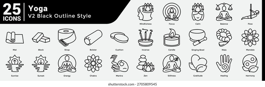 Yoga Lifestyle Bundle beinhaltet 25 Icons, die Meditation, Balance und spirituelle Werkzeuge für ruhige, zentrierte Visuals einfangen. Linienstil.