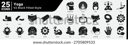 Yoga Lifestyle Bundle includes 25 icons capturing meditation, balance, and spiritual tools for calm, centered visuals. Black Filled style.