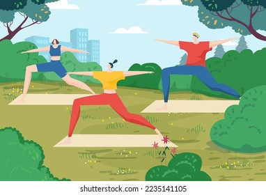 Yoga lifestyle, vector illustration, healthy fitness group workout at park, flat woman character do exercise, standing at pose outdoor.