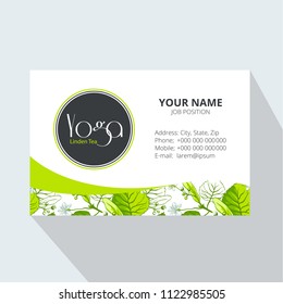 Yoga Linden Tea Corporate Business card with Linden leaves and flowers. Tea Branding Element for design invitations, gift cards, flyers and brochures.  