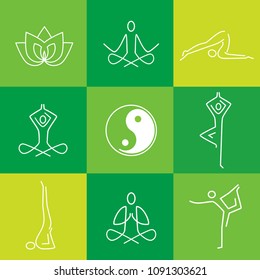 Yoga line art icons.
Set of line art icons with yoga symbols on green background. Vector available. 
