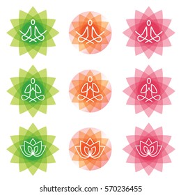Yoga line art icons.
Yoga line art icons set on the decorative background. Modern symbols for info graphics or web use. Vector available.