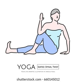 YOGA line drawing illustration, Seated Spinal Twist - vector illustration graphic design
