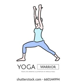 YOGA line drawing illustration, Warrior - vector illustration graphic design