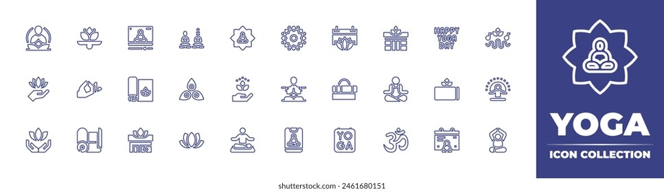 Yoga line icon collection. Editable stroke. Vector illustration. Containing yoga, lotus, om, meditation, sahasrara, chakra, yogamat, yogacenter, balance, smartphone, lotusflower, meditationsounds.