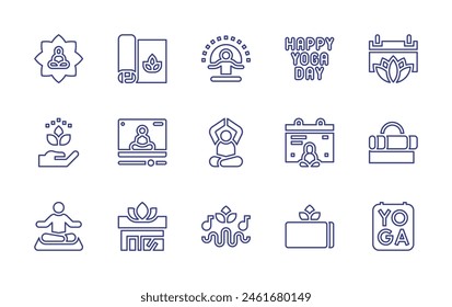 Yoga line icon set. Editable stroke. Vector illustration. Containing meditation, yoga, lotusflower, meditationsounds, calendar, yogamat, yogablock, internationaldayofyoga.