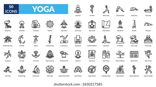 yoga line icon set. meditation, mindfulness, breathing, flexibility, wellness, balance, stretching