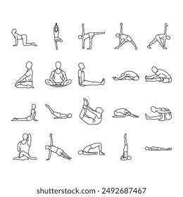 Yoga line icons set. A man does yoga. Vector isolated elements. Editable stroke.