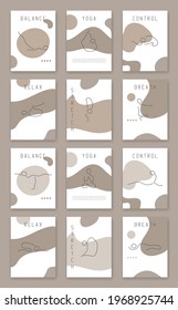Yoga line posters exercise set. Outline icon minimalist contour shapes. Hand drawn tutorial illustrations.