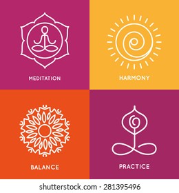 Yoga line symbols in colorful squares. Vector icons set. Graphic design elements in outline style. Logo templates for spa center or yoga studio