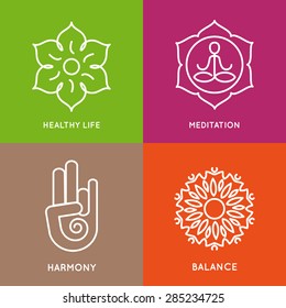 Yoga line symbols in colorful squares. Vector icons set. Graphic design elements in outline style. Logo templates for spa center or yoga studio