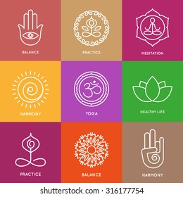 Yoga line symbols in colorful squares. Vector icons set. Graphic design elements in outline style. Logo templates for spa center or yoga studio