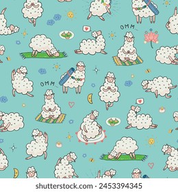 Yoga llama doodle vector seamless pattern.