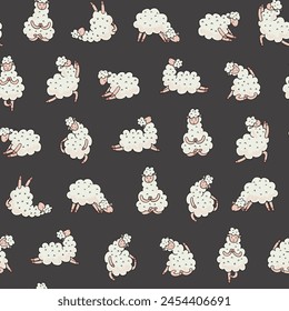 Yoga llama doodle vector seamless pattern.