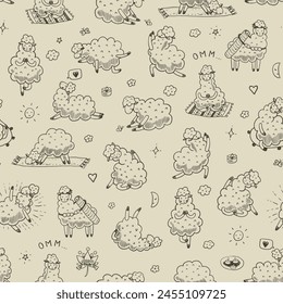Yoga llama doodle vector seamless pattern.