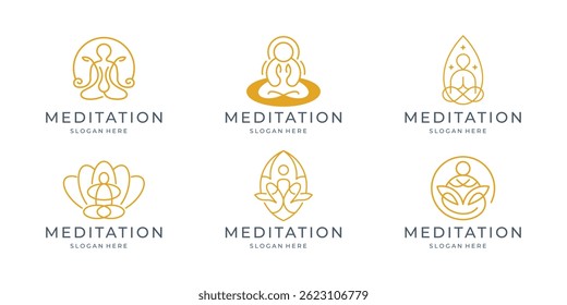 Yoga logo with abstract line style yoga posture vector set design.