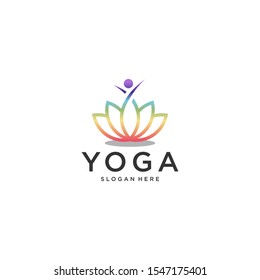 Yoga logo, with beautiful colors, people who are dancing, underneath there are lotus flowers.