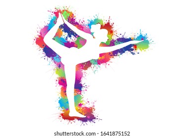 Yoga logo design. Ballerina in dance.Colorful sport background. Girl gymnast in gymnastic. Silhouettes, Exercises, Fitness, Healthcare, Medical, Icon, Symbol. Vector illustration.