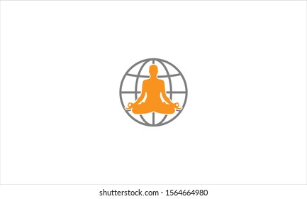 Yoga logo design with globe in background in flat minimal vector design