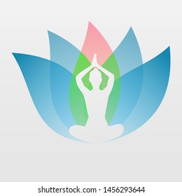 Yoga logo design with lotus flower and human silhouette cartoon vector illustration