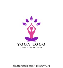 yoga logo design stock. human meditation with leaves in above vector illustration in purple and pink color
