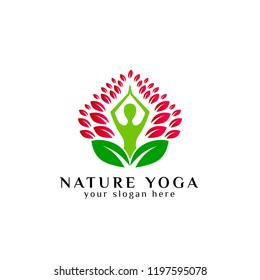 yoga logo design stock. human meditating surrounded by leaves