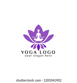 yoga logo design stock. human meditation in lotus flower vector illustration in purple color