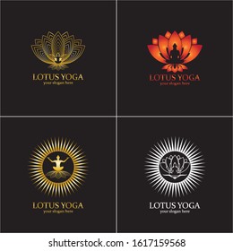 yoga logo design stock. human meditation in lotus flower vector illustration