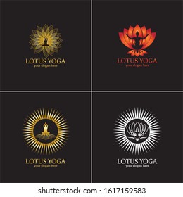 yoga logo design stock. human meditation in lotus flower vector illustration