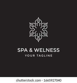 	
yoga logo design stock. human meditation in lotus flower vector illustration for spa or welness icon