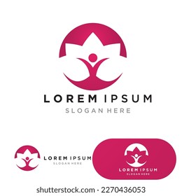 yoga logo design stock. human meditation in lotus flower vector illustration
