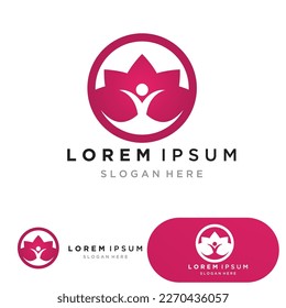yoga logo design stock. human meditation in lotus flower vector illustration