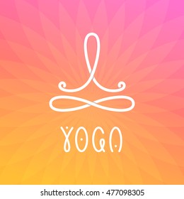 Yoga logo design template with abstract man in lotus pose above the infinity sign. Modern colorful style business identity element.