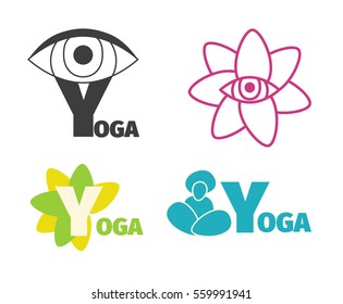 Yoga logo design template with eye, man silhouette and flower, letter Y. Vector set of icons