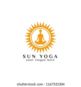 yoga logo design template. human meditation in the sunlight vector illustration in orange color
