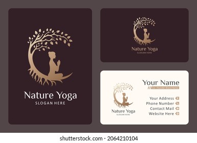 yoga logo design under banyan tree in gold color.