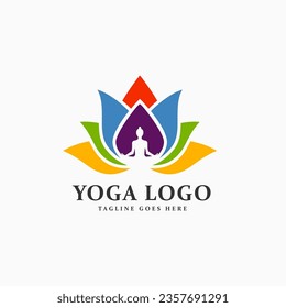 yoga logo design vector with human silhouette zen pose isolated lotus flower logo