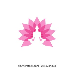 Yoga logo featuring a meditating human inside a pink lotus flower, symbolizing harmony, wellness, and spiritual balance. Ideal for yoga studios, wellness centers, or meditation. Fully editable vector template.